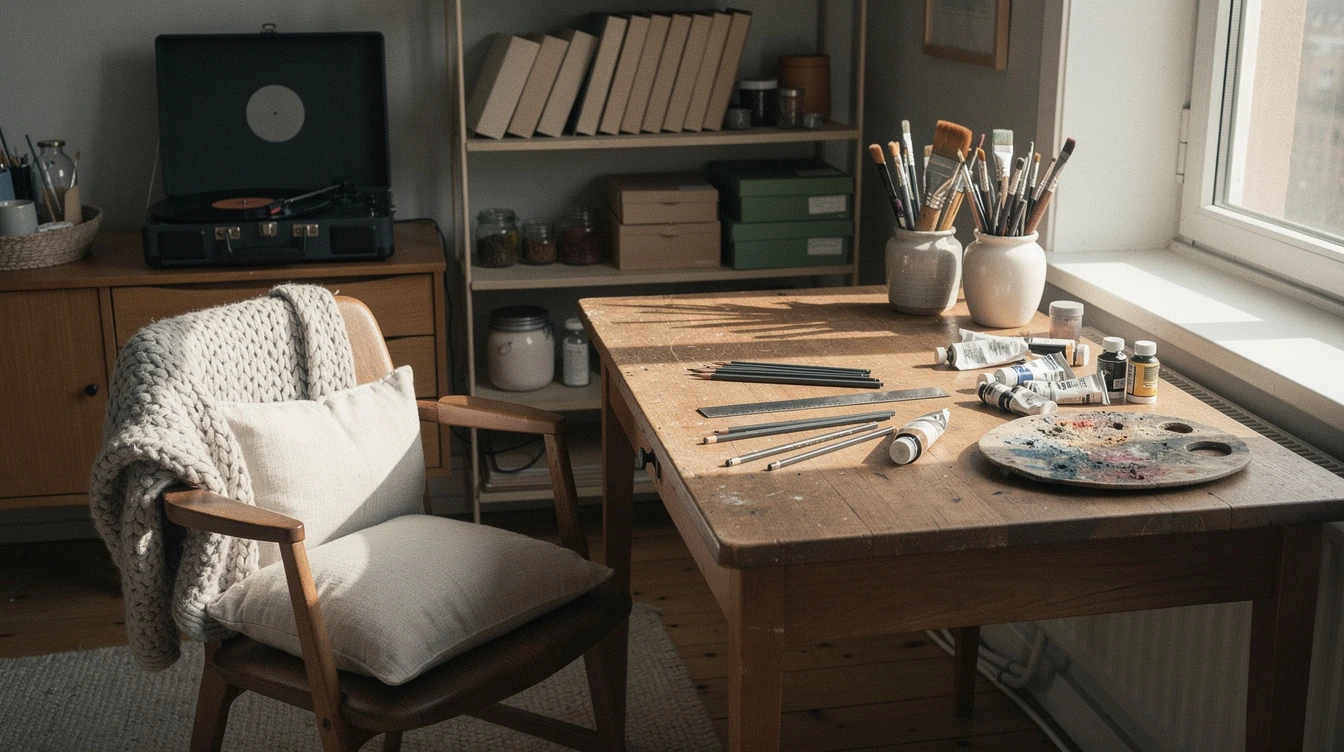 Hemmastudio i Stockholm med synthesizer, mixerbord och studiomonitorer