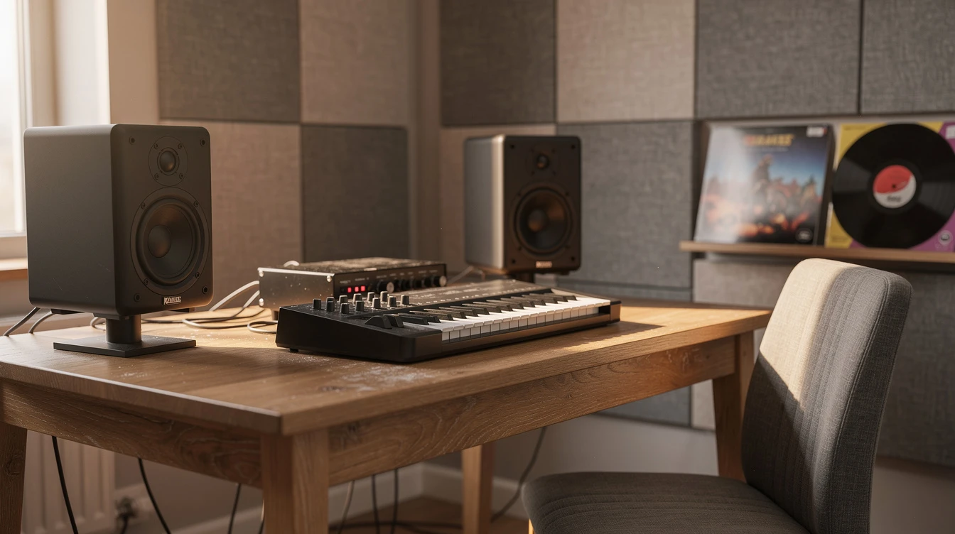 Hemmastudio-setup för nybörjare med laptop, audiointerface och hörlurar